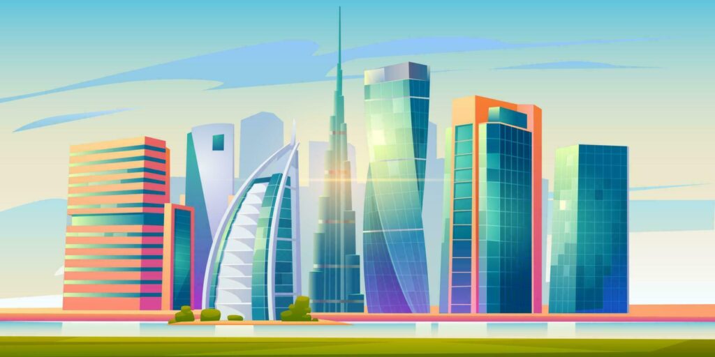 dubai uae skyline with world famous buildings free vector